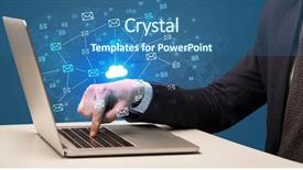  Presentation with cloud computing - Slide set featuring businessman hand sending a bunch background and a  colored foreground