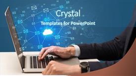  Presentation with cloud computing - Presentation theme having businessman hand sending a bunch background and a ocean colored foreground