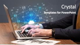  Presentation with cloud computing - Slide set enhanced with businessman hand sending a bunch background and a ocean colored foreground