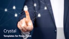  Presentation with information technology - Presentation theme featuring businessman-hand-touching-virtual-screen background and a navy blue colored foreground