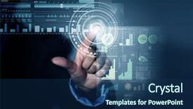  Presentation with virtual hand - Beautiful presentation theme featuring businessman hand touching with finger backdrop and a navy blue colored foreground