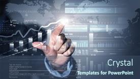  Presentation with virtual hand - Colorful slide set enhanced with businessman hand touching with finger virtual panel with infographs backdrop and a ocean colored foreground