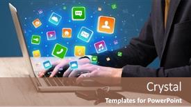  Presentation with application - Presentation having businessman hand typing on laptop with flying application icons background and a coral colored foreground
