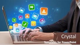  Presentation with application - Colorful slides enhanced with businessman hand typing on laptop with flying application icons backdrop and a tawny brown colored foreground