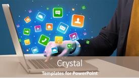  Presentation with application - Presentation theme enhanced with businessman hand typing on laptop with flying application icons background and a coral colored foreground