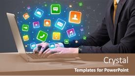  Presentation with application - Colorful PPT theme enhanced with businessman hand typing on laptop with flying application icons backdrop and a coral colored foreground