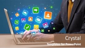  Presentation with application - Beautiful slides featuring businessman hand typing on laptop with flying application icons backdrop and a coral colored foreground
