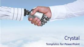  Presentation with black hand - PPT theme with businessman hand with sky background background and a sky blue colored foreground