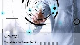  Presentation with virtual hand - Theme consisting of high tech global television - businessman hand working with virtual background and a light blue colored foreground