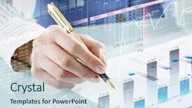  Presentation with digital pen - PPT theme enhanced with businessman hand writing with pen and digital business infographs background and a sky blue colored foreground