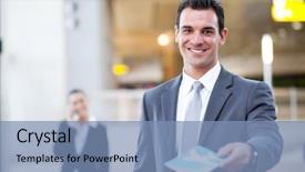  Presentation with check or tick mark - Presentation theme having businessman handing over air ticket background and a teal colored foreground