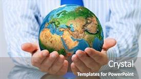  Presentation with hand holding earth - Slide deck enhanced with businessman hands holding earth planet background and a tawny brown colored foreground