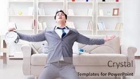  Presentation with meeting - Slide deck with businessman-happy-meeting-his-deadlines background and a light gray colored foreground