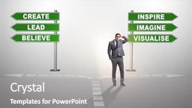  Presentation with crossroads - Beautiful presentation theme featuring businessman having hard choice standing backdrop and a gray colored foreground