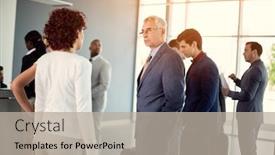  Presentation with discussion - Amazing PPT theme having businessman having leisure discussion whit business woman backdrop and a mint green colored foreground