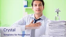  Presentation with workload - Theme with monthly report management - businessman having problems with paperwork background and a lemonade colored foreground