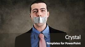  Presentation with closed - Slide deck featuring businessman having the mouth closed background and a tawny brown colored foreground