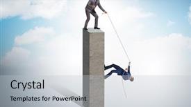  Presentation with helping - Slide set featuring fund goals - businessman helping colleague with rope background and a light gray colored foreground