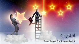  Presentation with promotion - PPT theme featuring businessman helping his woman colleague with promotion background and a light blue colored foreground