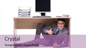  Presentation with motivation ball hill businessman - Amazing PPT theme having businessman hiding in the ofice backdrop and a  colored foreground