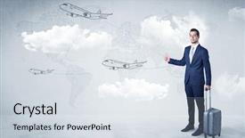  Presentation with cloud - Audience pleasing PPT layouts consisting of businessman hitchhiking with flying airplanes backdrop and a  colored foreground