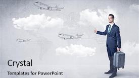  Presentation with airplane night sky cloud - Cool new PPT theme with businessman hitchhiking with flying airplanes backdrop and a  colored foreground