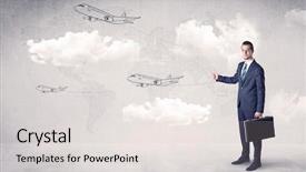  Presentation with cloud - PPT theme featuring businessman hitchhiking with flying airplanes background and a  colored foreground