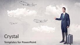 Presentation with cloud - Slides enhanced with businessman hitchhiking with flying airplanes background and a  colored foreground