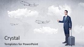 Presentation with cloud - Slide deck featuring businessman hitchhiking with flying airplanes background and a  colored foreground