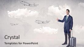  Presentation with airplane night sky cloud - Slides consisting of businessman hitchhiking with flying airplanes background and a  colored foreground