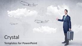  Presentation with cloud - Theme enhanced with businessman hitchhiking with flying airplanes background and a  colored foreground