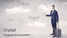  Presentation with airplane night sky cloud - Presentation theme enhanced with businessman hitchhiking with flying airplanes background and a  colored foreground