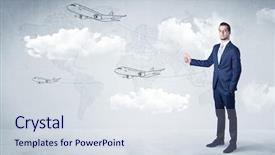  Presentation with airplane baby concept - Audience pleasing slide set consisting of businessman hitchhiking with flying airplanes backdrop and a  colored foreground