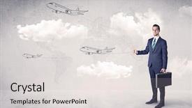  Presentation with cloud - Beautiful slide deck featuring businessman hitchhiking with flying airplanes backdrop and a  colored foreground