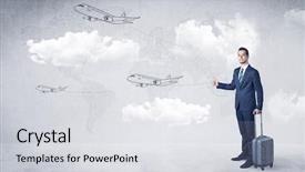  Presentation with airplane night sky cloud - Beautiful presentation theme featuring businessman hitchhiking with flying airplanes backdrop and a  colored foreground