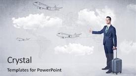  Presentation with cloud - PPT theme featuring businessman hitchhiking with flying airplanes background and a light gray colored foreground