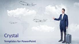  Presentation with cloud - Amazing theme having businessman hitchhiking with flying airplanes backdrop and a sky blue colored foreground