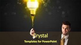  Presentation with eco friendly - Amazing PPT layouts having businessman hold a shining eco-friendly idea bulb on a black background backdrop and a tawny brown colored foreground