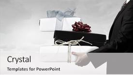  Presentation with gift - Presentation theme enhanced with businessman hold gift box mixed media background and a white colored foreground