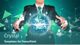  Presentation with concept - PPT theme consisting of businessman-holdig-business-icons-concept background and a ocean colored foreground