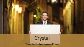  Presentation with city street - Amazing presentation design having businessman holding a blank panel backdrop and a gold colored foreground