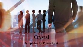  Presentation with people talking - Theme featuring businessman holding a briefcase background and a violet colored foreground