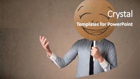  Presentation with cardboard - Cool new PPT layouts with businessman holding a cardboard smiley face emoticon in front of his head backdrop and a coral colored foreground