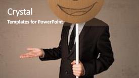  Presentation with cardboard - Theme with businessman holding a cardboard smiley face emoticon in front of his head background and a coral colored foreground