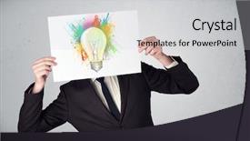  Presentation with coloured - Amazing presentation theme having businessman holding a cardboard with coloured paint splashes and lightbulb in front of his head backdrop and a light gray colored foreground
