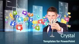  Presentation with hexagon - Beautiful presentation design featuring businessman holding a champagne glass against hologram on black background with hexagon pattern backdrop and a ocean colored foreground