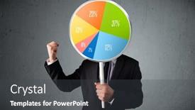  Presentation with pie chart - Amazing presentation theme having businessman-holding-a-colorful-pie backdrop and a dark gray colored foreground