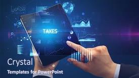  Presentation with taxes - Theme featuring businessman holding a foldable smartphone with taxes inscription successful business concept background and a navy blue colored foreground