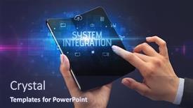  Presentation with system integration - Theme featuring businessman holding a foldable smartphone with system integration inscription cyber security concept background and a navy blue colored foreground