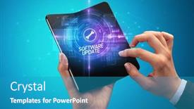  Presentation with software - Cool new slides with businessman holding a foldable smartphone with development inscription new technology concept software update backdrop and a teal colored foreground